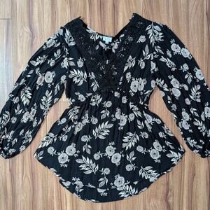 Black Floral Lace-Trim Peasant Blouse - Women
